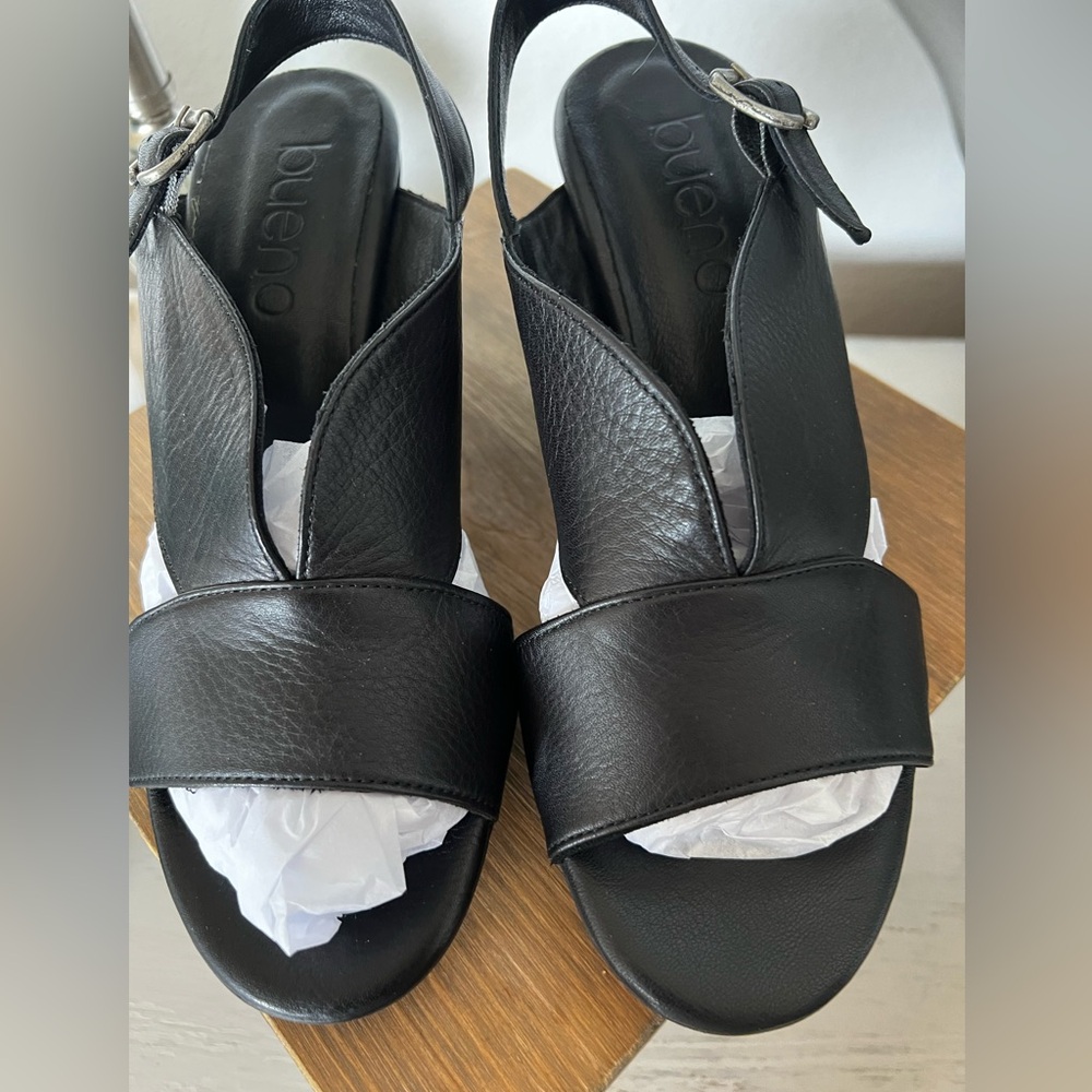 Bueno Candy black leather sandals chunky heel adjustable back strap
